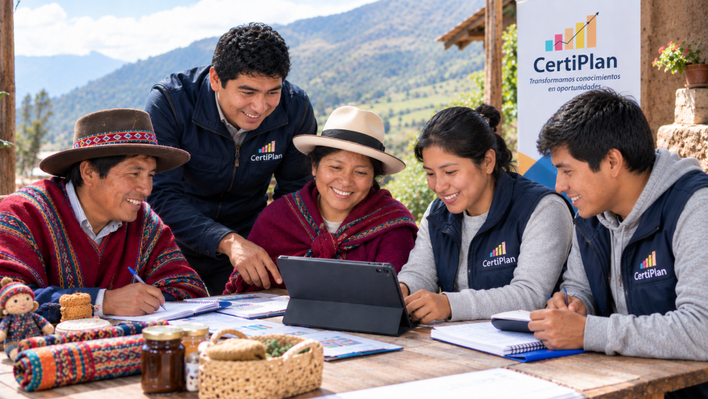 Equipo técnico y pobladores trabajando juntos en una iniciativa de desarrollo territorial en una comunidad andina
