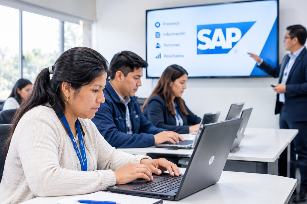 Participantes durante una capacitación en SAP utilizando computadoras portátiles en un aula de formación.