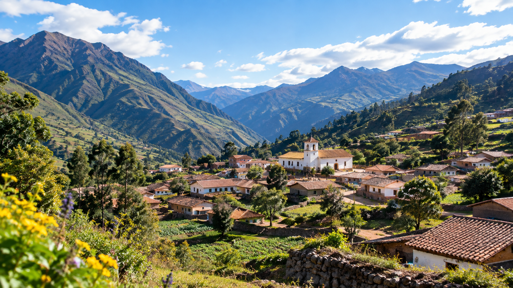 Paisaje de Chinchero en Cusco con comunidad, áreas agrícolas y montañas andinas