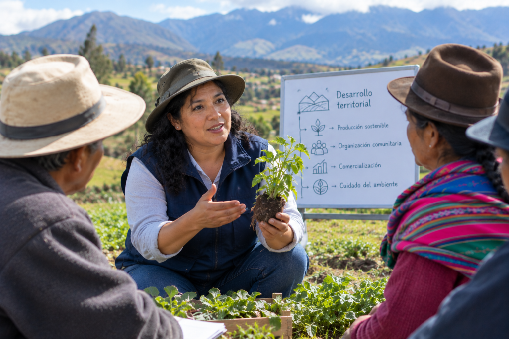 Mujer orientando a integrantes de una comunidad en actividades de desarrollo territorial