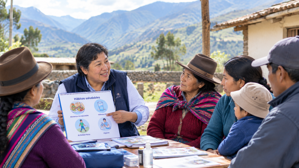 Comunidad rural participando en actividades de gestión ambiental y producción sostenible en Perú