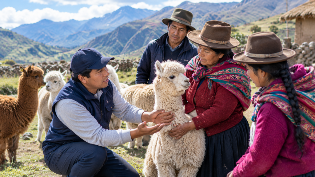 Profesional técnico brindando asistencia en manejo y producción pecuaria a productores rurales