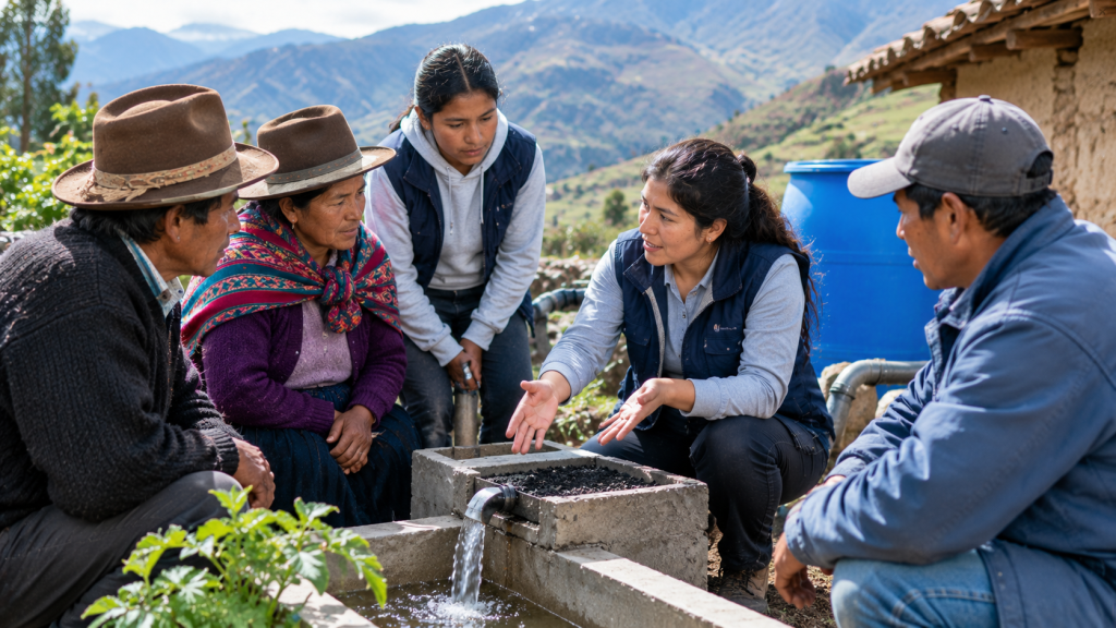 Comunidad rural participando en una actividad de gestión ambiental y producción sostenible