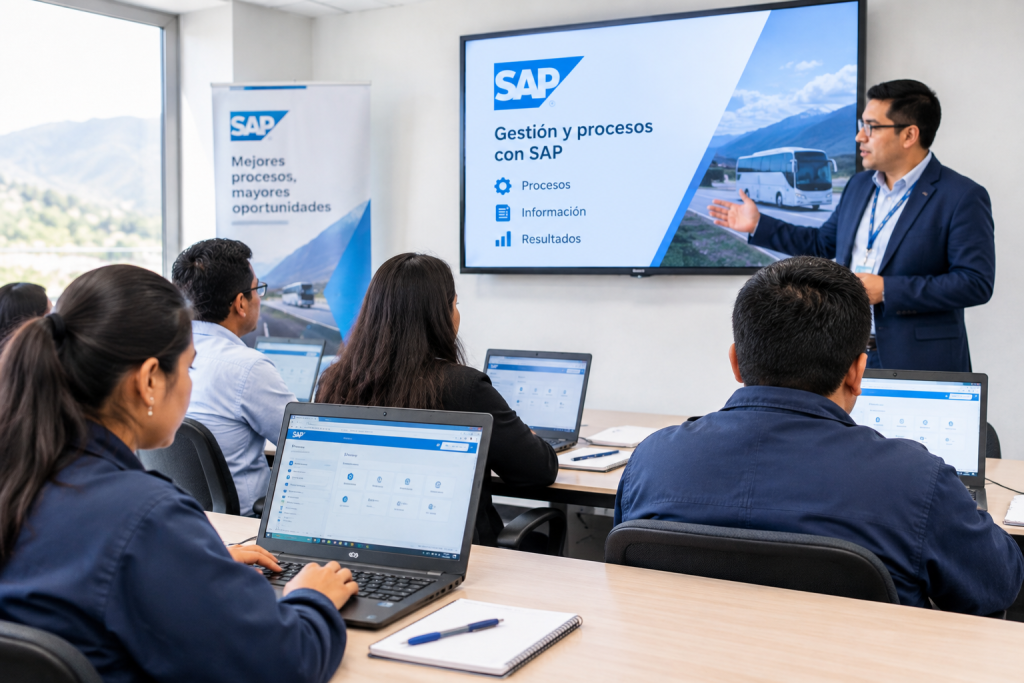 Participantes durante una capacitación en SAP utilizando computadoras portátiles en un aula de formación.
