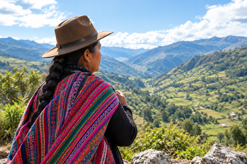 Mujer andina con manto tradicional observando el paisaje de los Andes