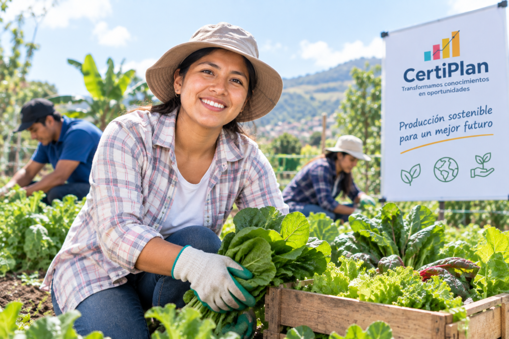 Participante de CertiPlan Emplea cosechando verduras ecológicas como parte de un enfoque de bienestar y vida saludable.