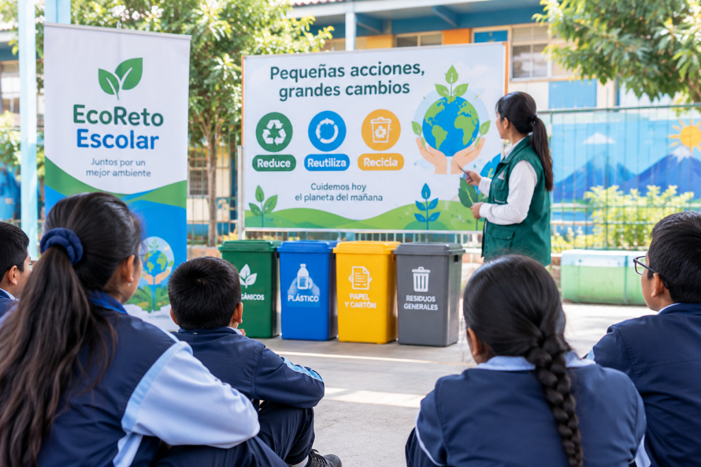 Estudiantes participando en una actividad de educación ambiental sobre reciclaje y cuidado del medio ambiente