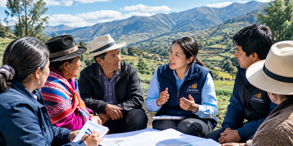 Equipo de CertiPlan dialogando con representantes de una comunidad en un entorno rural andino